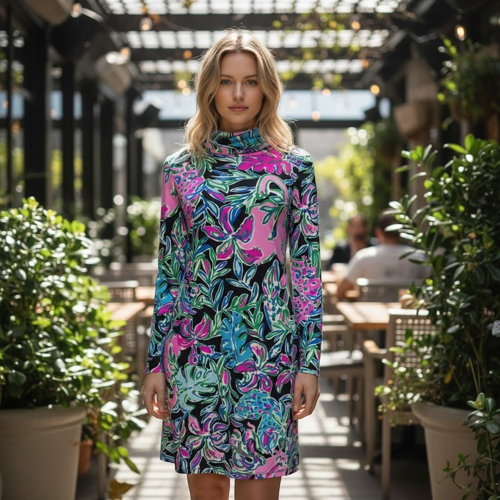 Lilly Pulitzer Women XXS Dress Navy Pink Floral UPF 50+ Cowl Neck Pockets Resort